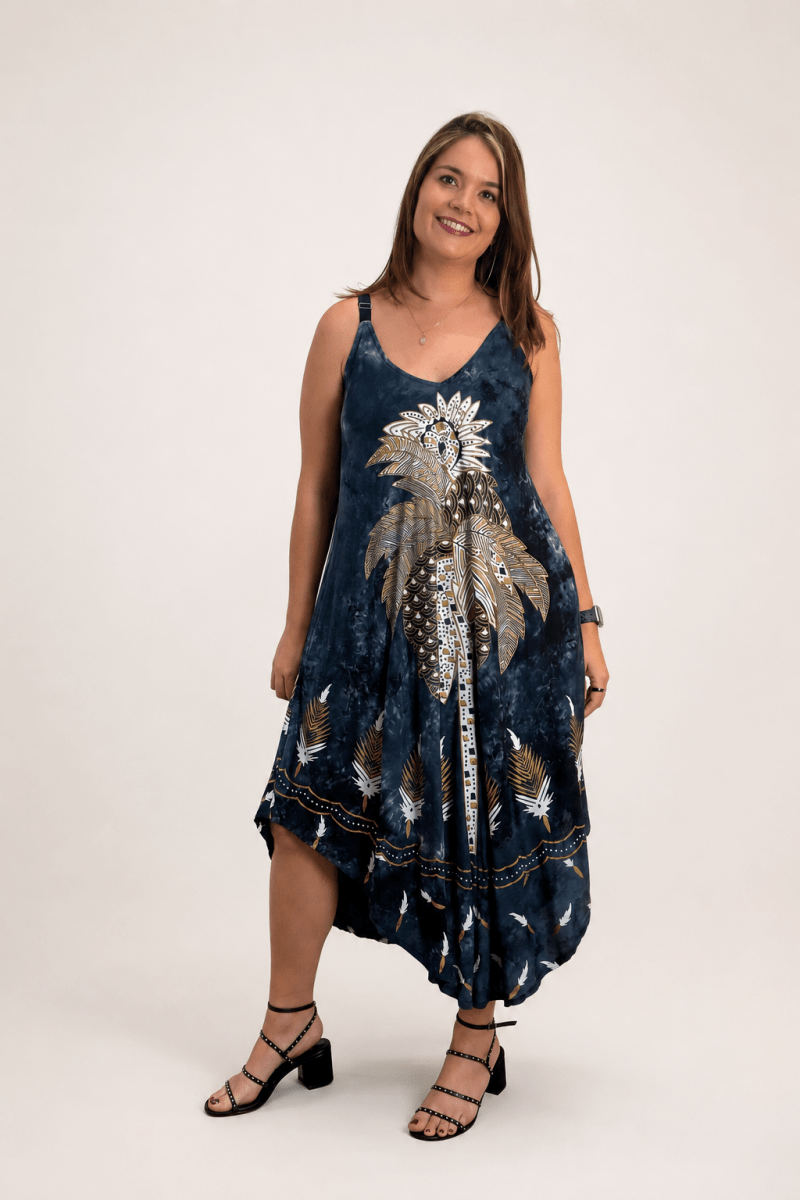 Vestido Fluido em Viscose Natural Evasê com Alças Marrocos Estampados - Naguirre Shop