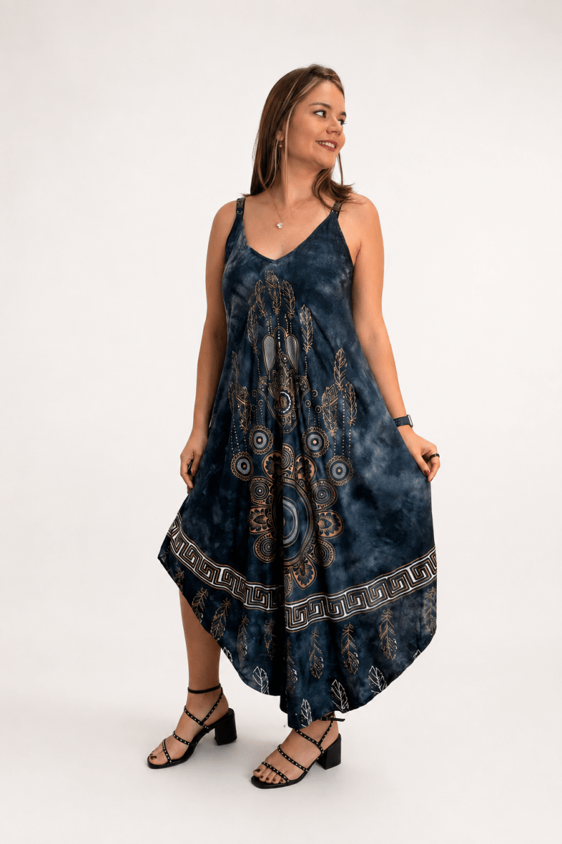Vestido Fluido em Viscose Natural Evasê com Alças Marrocos Estampados - Naguirre Shop