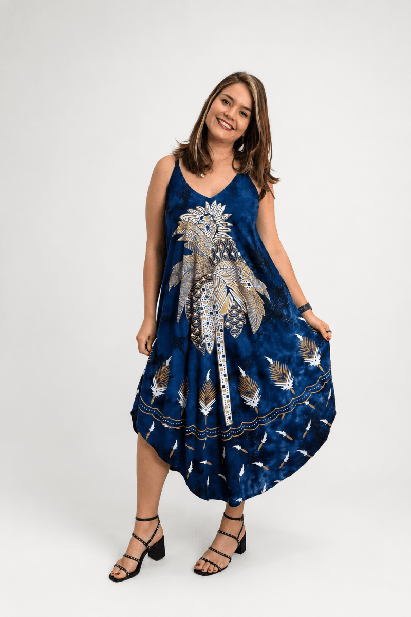 Vestido Fluido em Viscose Natural Evasê com Alças Marrocos Estampados - Naguirre Shop