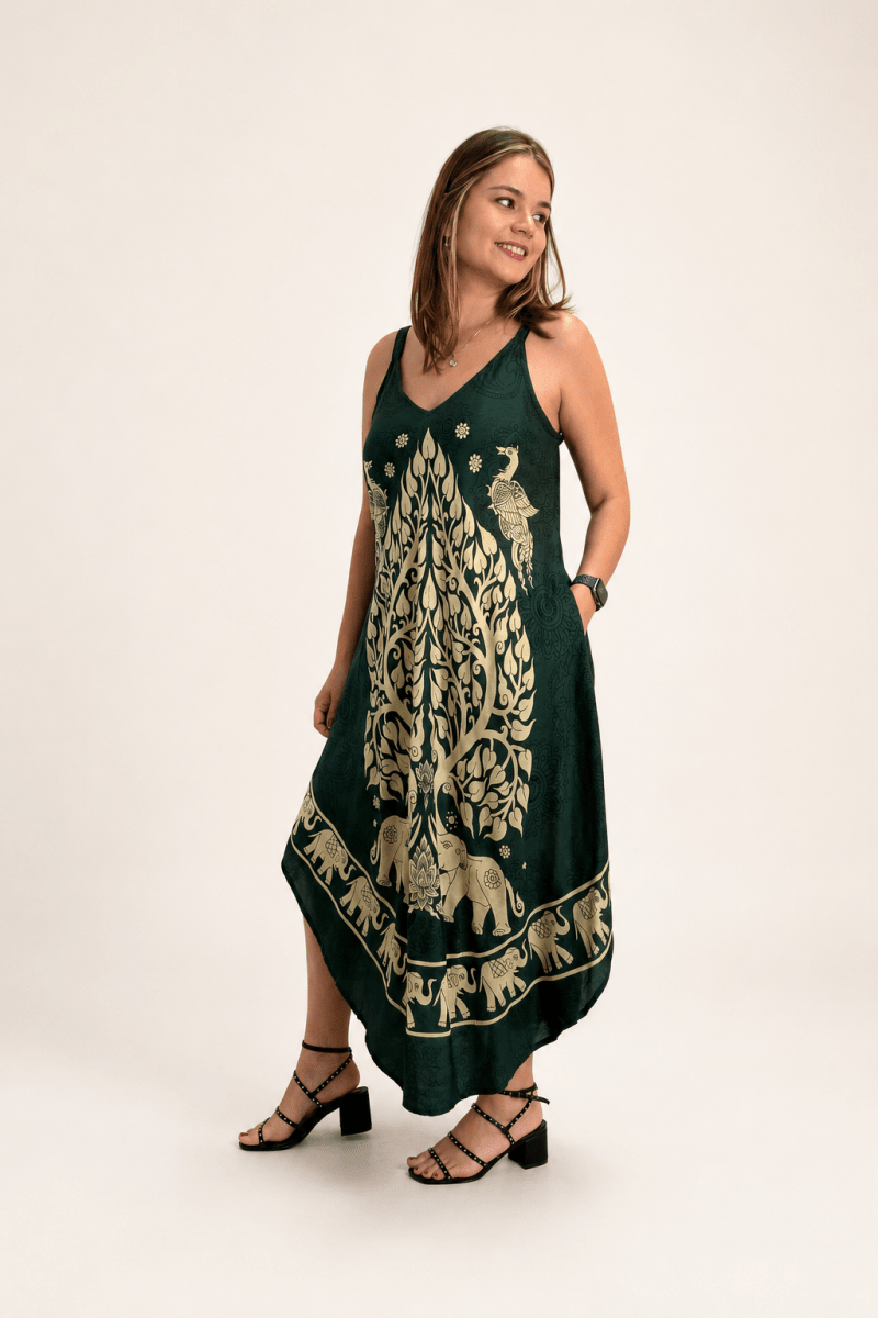 Vestido Fluido em Viscose Natural Evasê com Alças Marrocos Estampados - Naguirre Shop