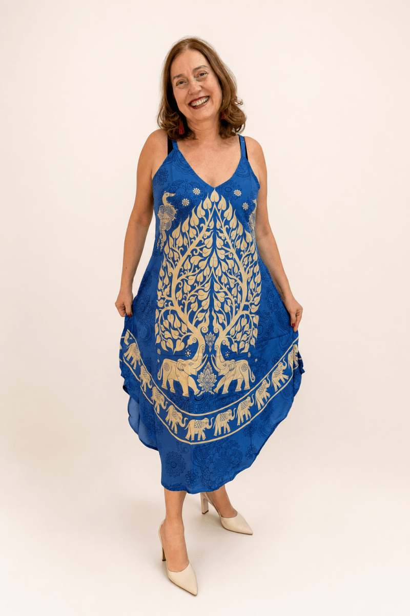 Vestido Fluido em Viscose Natural Evasê com Alças Marrocos Estampados - Naguirre Shop