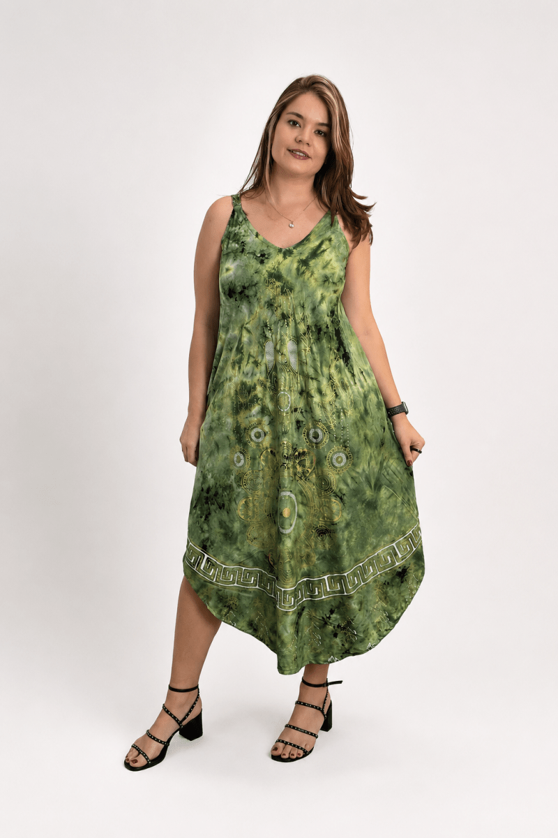 Vestido Fluido em Viscose Natural Evasê com Alças Marrocos Estampados - Naguirre Shop