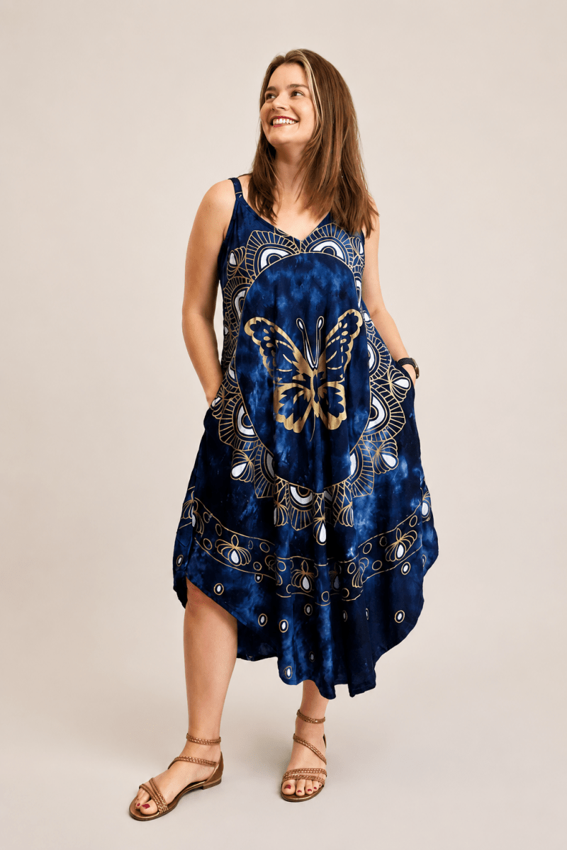 Vestido Fluido em Viscose Natural Evasê com Alças Marrocos Estampados - Naguirre Shop