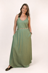 Vestido Fluido em Viscose Natural Evasê com Alças Marrocos Liso - Naguirre Shop