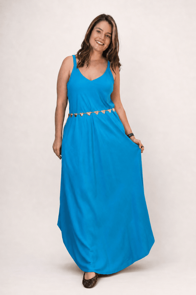 Vestido Fluido em Viscose Natural Evasê com Alças Marrocos Liso - Naguirre Shop