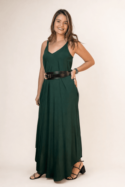 Vestido Fluido em Viscose Natural Evasê com Alças Marrocos Liso - Naguirre Shop