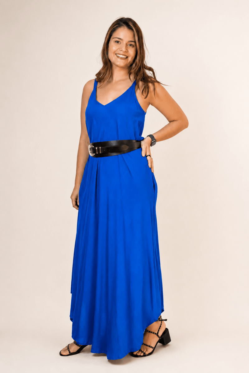 Vestido Fluido em Viscose Natural Evasê com Alças Marrocos Liso - Naguirre Shop