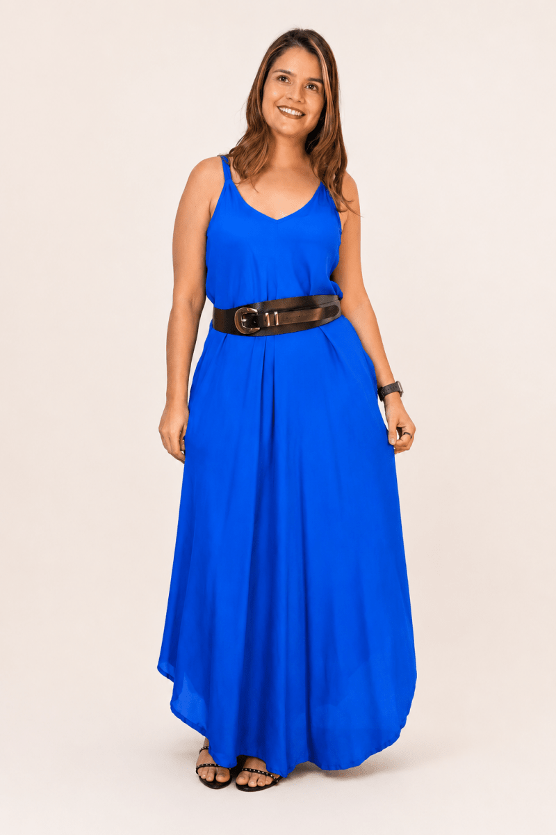 Vestido Fluido em Viscose Natural Evasê com Alças Marrocos Liso - Naguirre Shop