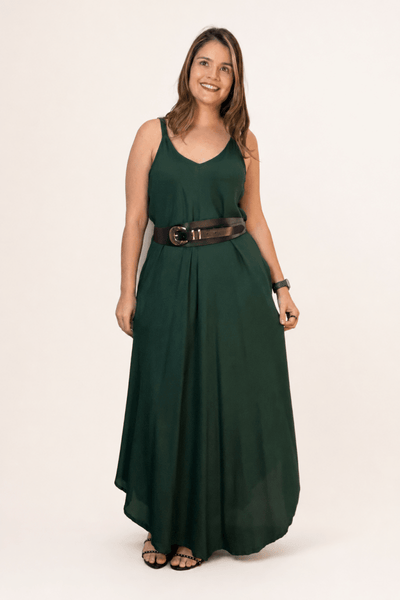 Vestido Fluido em Viscose Natural Evasê com Alças Marrocos Liso - Naguirre Shop