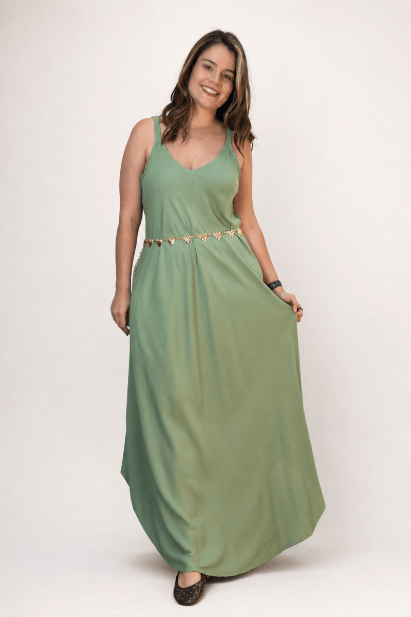 Vestido Fluido em Viscose Natural Evasê com Alças Marrocos Liso - Naguirre Shop