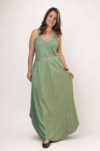 Vestido Fluido em Viscose Natural Evasê com Alças Marrocos Liso - Naguirre Shop