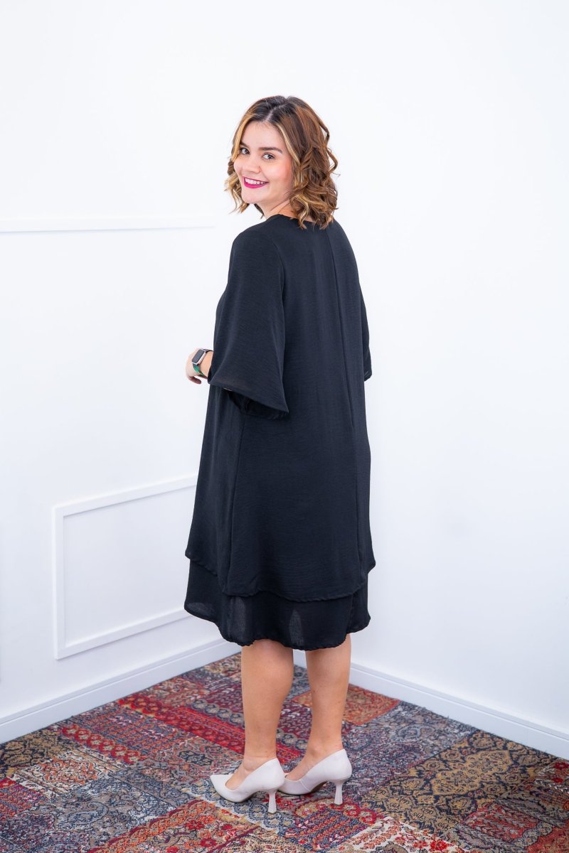 Vestido Lívia - Midi de Duas Camadas Decote V com Manga Morcego em Crepe - Naguirre Shop