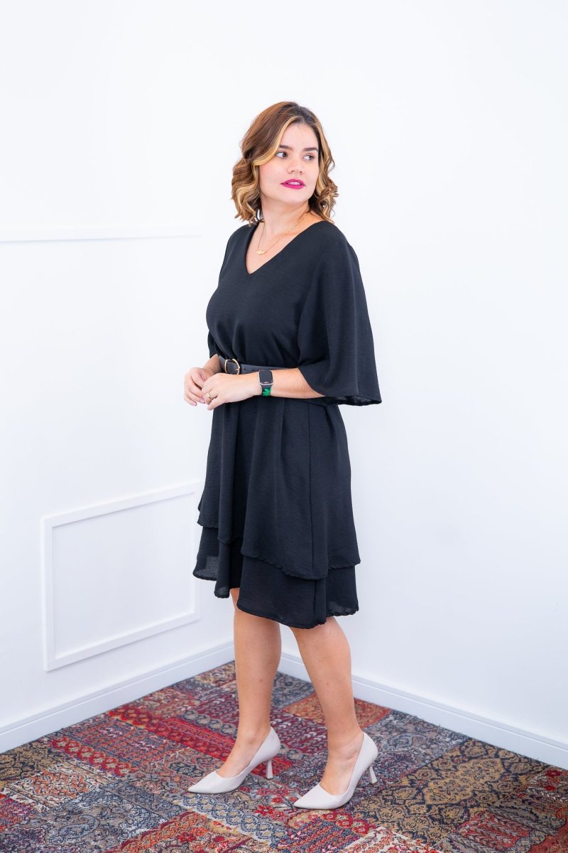 Vestido Lívia - Midi de Duas Camadas Decote V com Manga Morcego em Crepe - Naguirre Shop