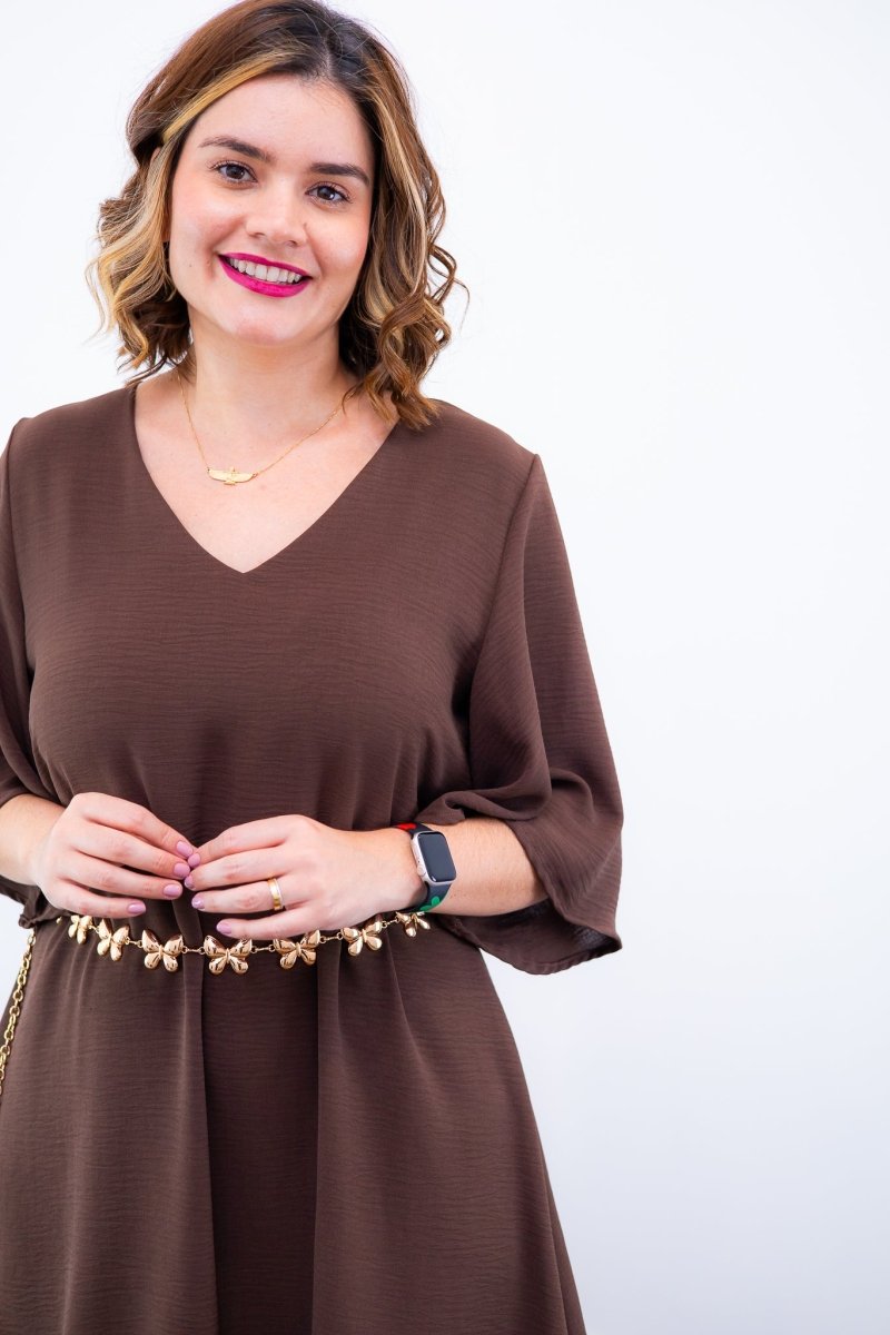Vestido Lívia - Midi de Duas Camadas Decote V com Manga Morcego em Crepe - Naguirre Shop