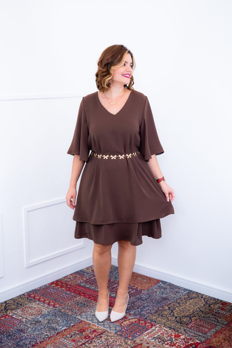 Vestido Lívia - Midi de Duas Camadas Decote V com Manga Morcego em Crepe - Naguirre Shop