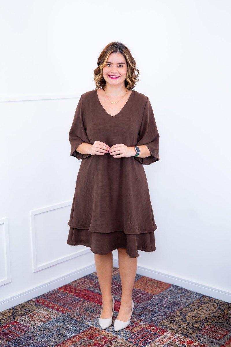 Vestido Lívia - Midi de Duas Camadas Decote V com Manga Morcego em Crepe - Naguirre Shop