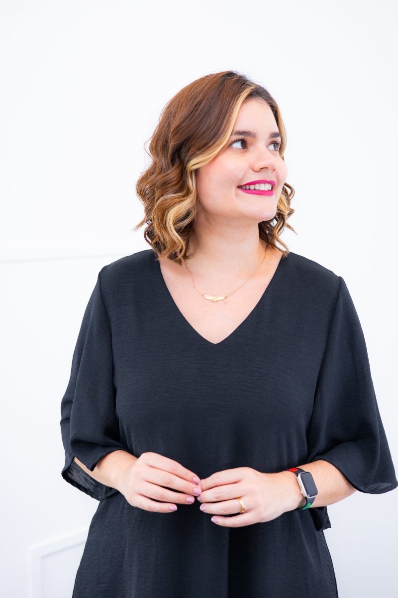 Vestido Lívia - Midi de Duas Camadas Decote V com Manga Morcego em Crepe - Naguirre Shop