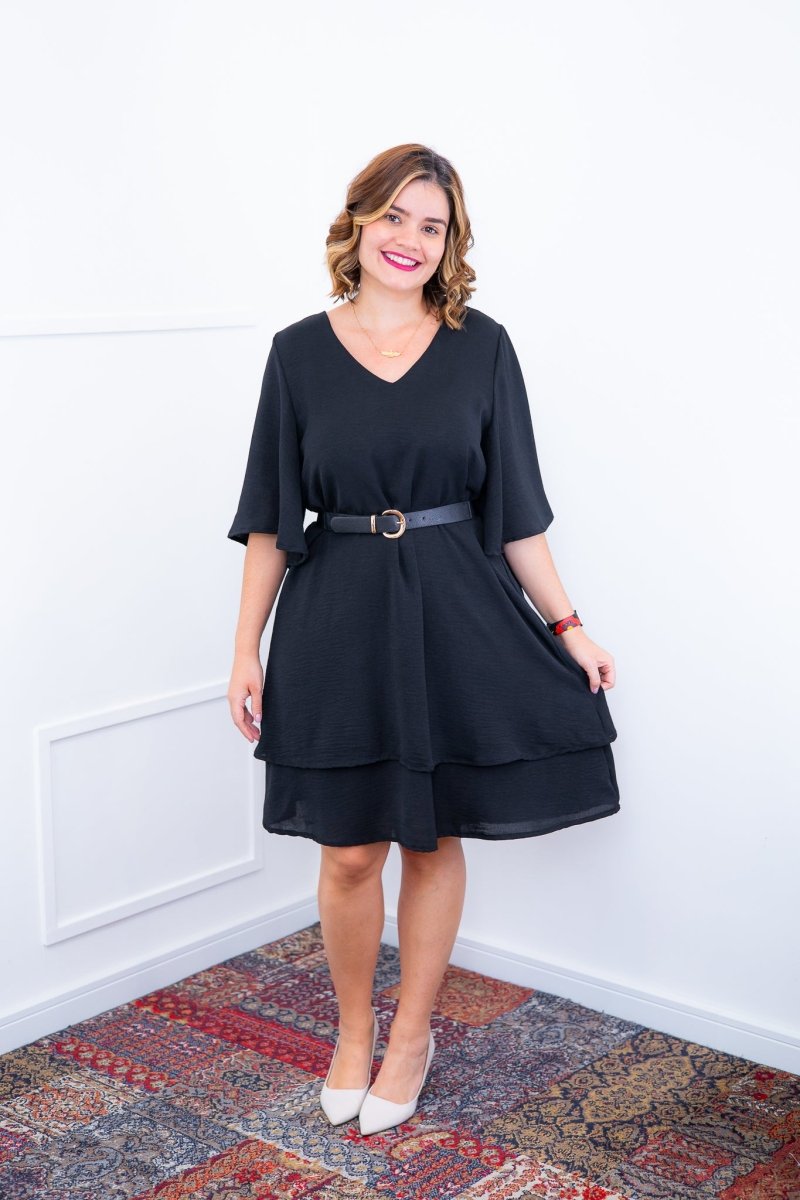 Vestido Lívia - Midi de Duas Camadas Decote V com Manga Morcego em Crepe - Naguirre Shop