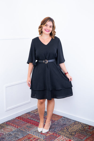 Vestido Lívia - Midi de Duas Camadas Decote V com Manga Morcego em Crepe - Naguirre Shop