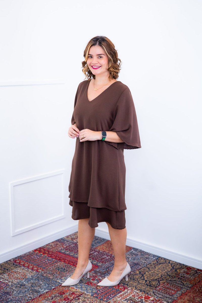 Vestido Lívia - Midi de Duas Camadas Decote V com Manga Morcego em Crepe - Naguirre Shop