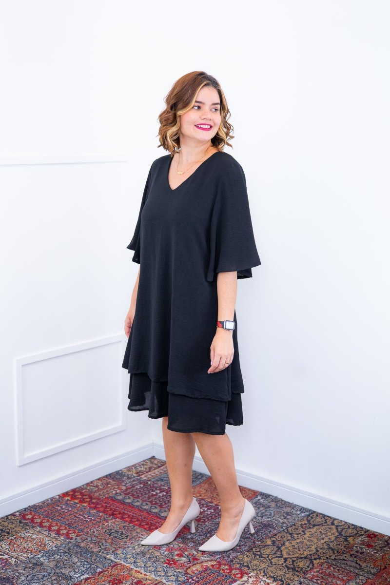 Vestido Lívia - Midi de Duas Camadas Decote V com Manga Morcego em Crepe - Naguirre Shop