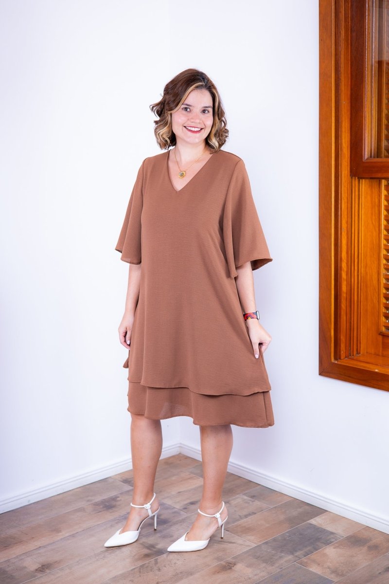 Vestido Lívia - Midi de Duas Camadas Decote V com Manga Morcego em Crepe - Naguirre Shop