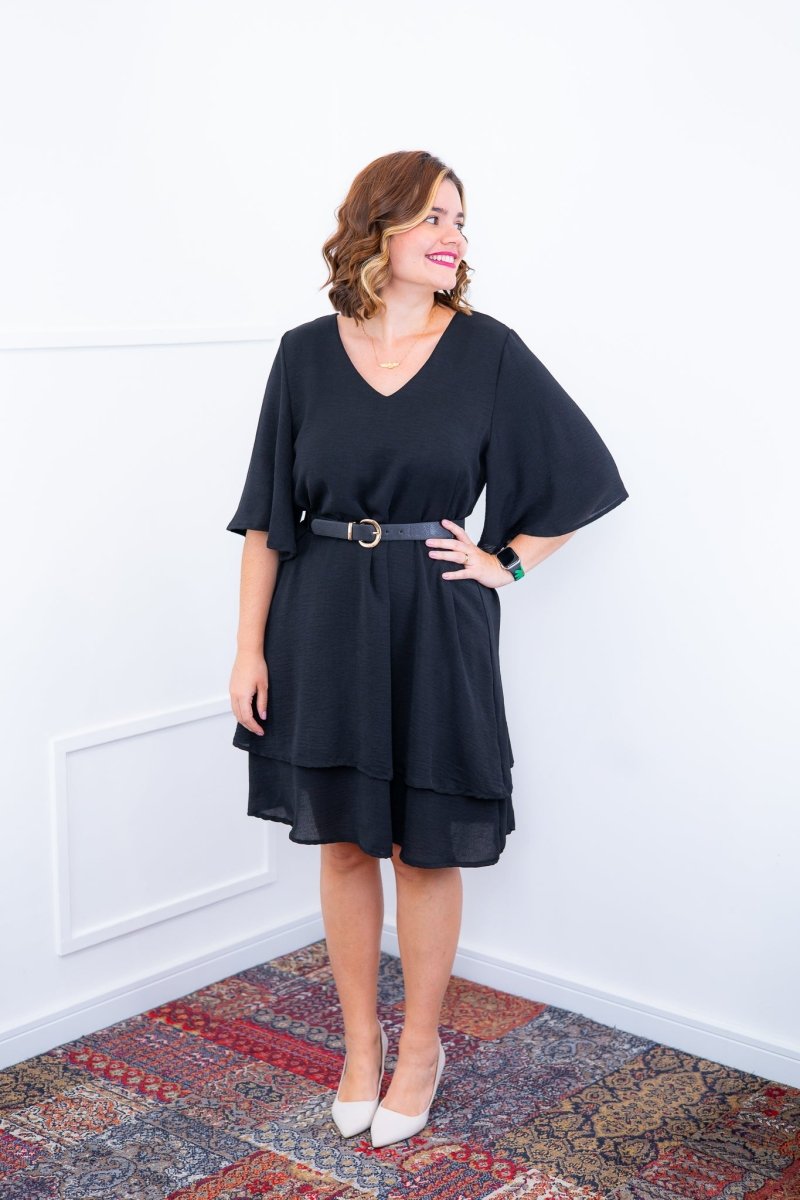 Vestido Lívia - Midi de Duas Camadas Decote V com Manga Morcego em Crepe - Naguirre Shop