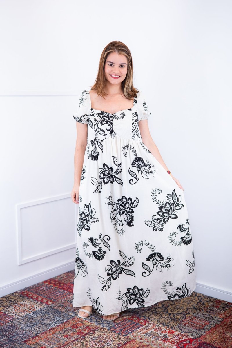 Vestido Longo Cecília – Manga Ciganinha em Viscolinho com Bolsos Laterais - Naguirre Shop