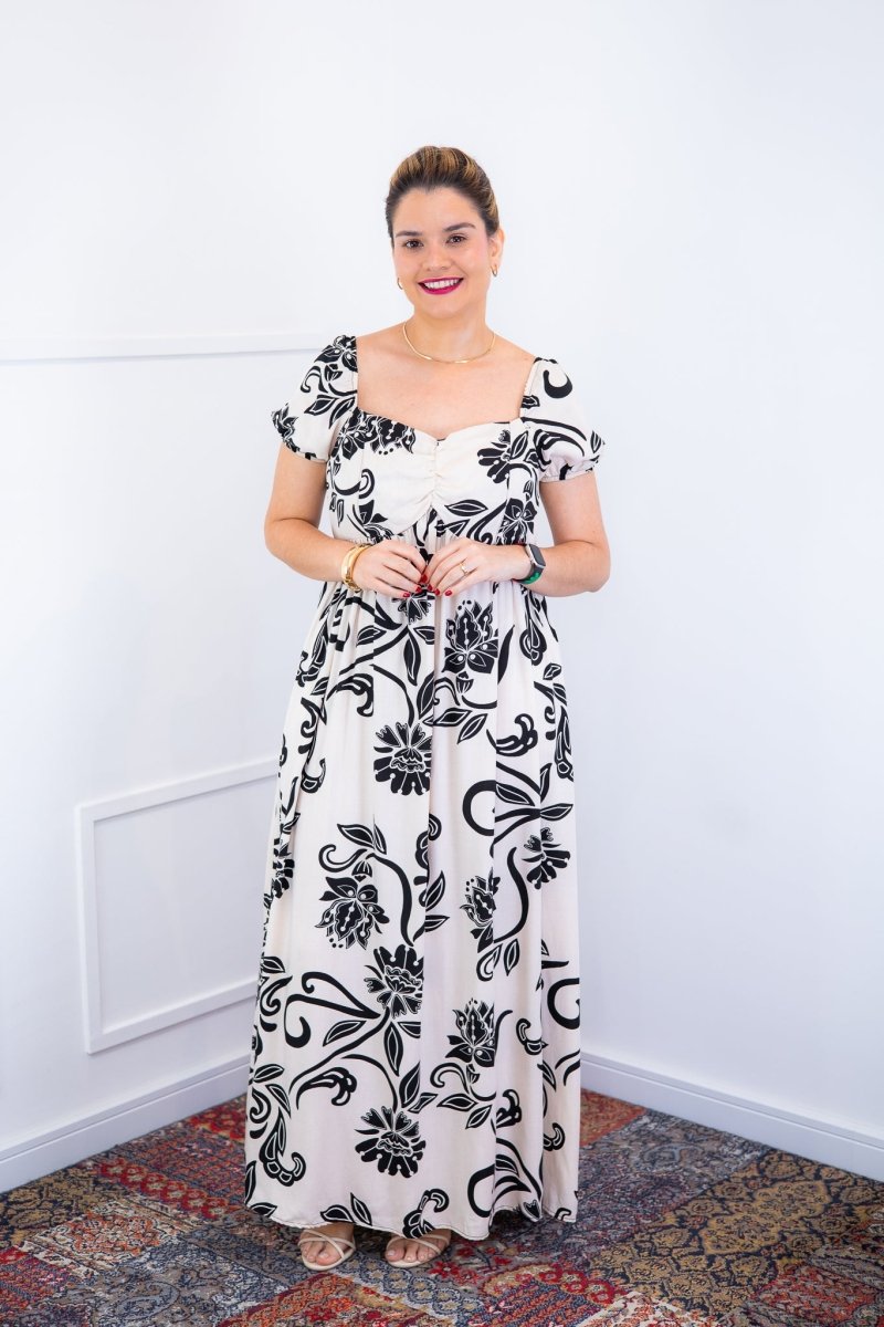 Vestido Longo Cecília – Manga Ciganinha em Viscolinho com Bolsos Laterais - Naguirre Shop