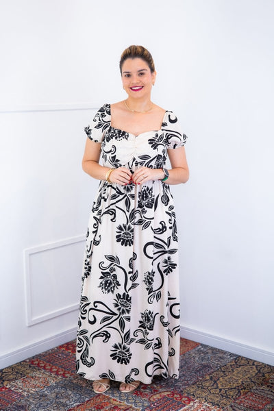 Vestido Longo Cecília – Manga Ciganinha em Viscolinho com Bolsos Laterais - Naguirre Shop