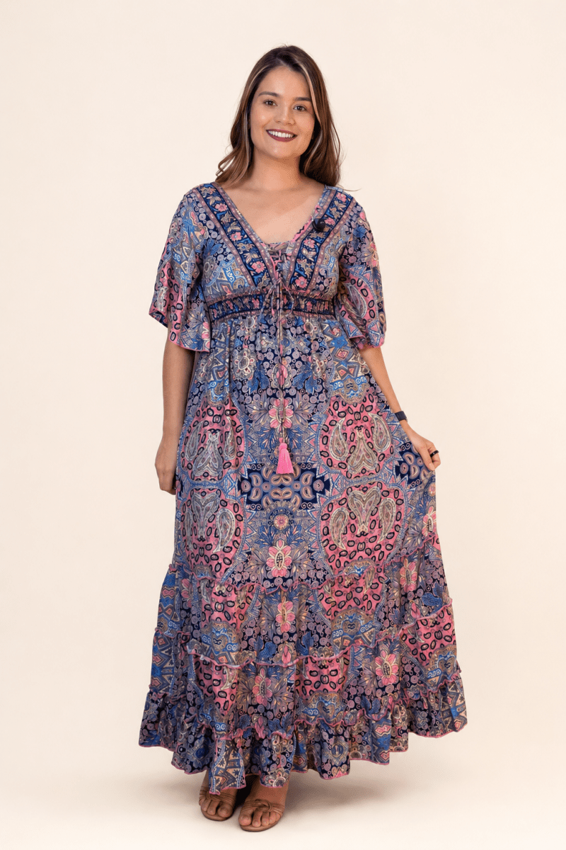 Vestido Longo Estilo Boho Manga 3/4 em Toque Seda Light Acabamento Premium Shanti - Naguirre Shop