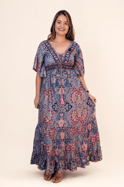 Vestido Longo Estilo Boho Manga 3/4 em Toque Seda Light Acabamento Premium Shanti - Naguirre Shop