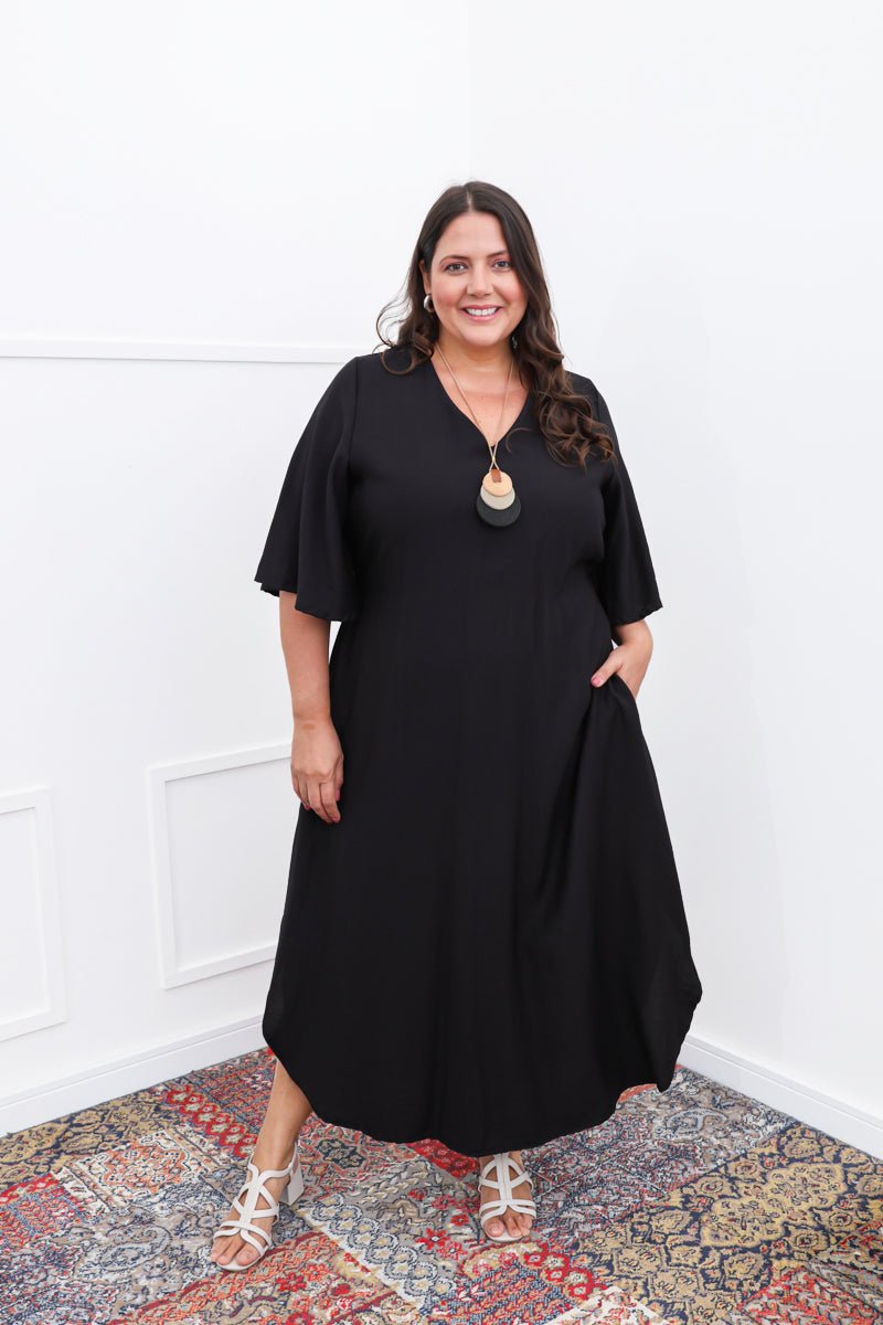 Vestido Luciana – Longuete em Viscomida com Mangas Amplas e Bolsos - Naguirre Shop