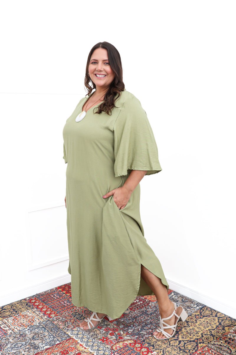Vestido Luciana – Longuete em Viscomida com Mangas Amplas e Bolsos - Naguirre Shop