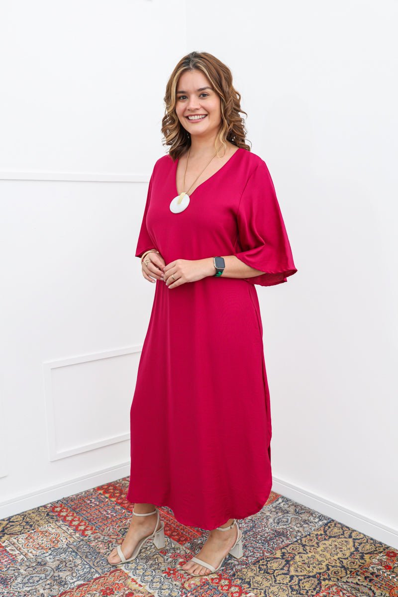 Vestido Luciana – Longuete em Viscomida com Mangas Amplas e Bolsos - Naguirre Shop