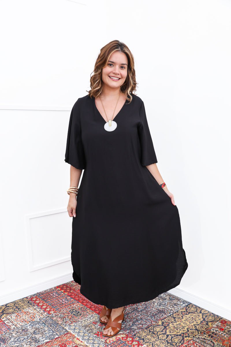 Vestido Luciana – Longuete em Viscomida com Mangas Amplas e Bolsos - Naguirre Shop