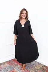 Vestido Luciana – Longuete em Viscomida com Mangas Amplas e Bolsos - Naguirre Shop