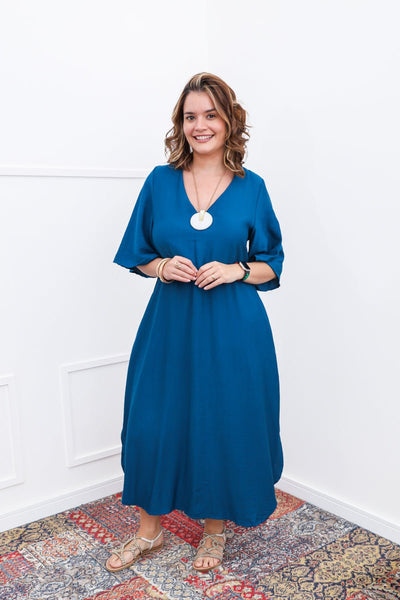 Vestido Luciana – Longuete em Viscomida com Mangas Amplas e Bolsos - Naguirre Shop