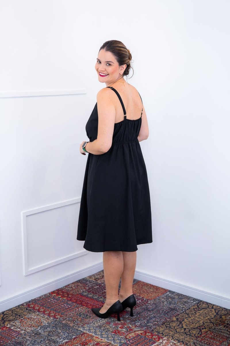 Vestido Malu – Alça Ajustável em Viscose Marrant com Saia Evasê e Bolsos - Naguirre Shop