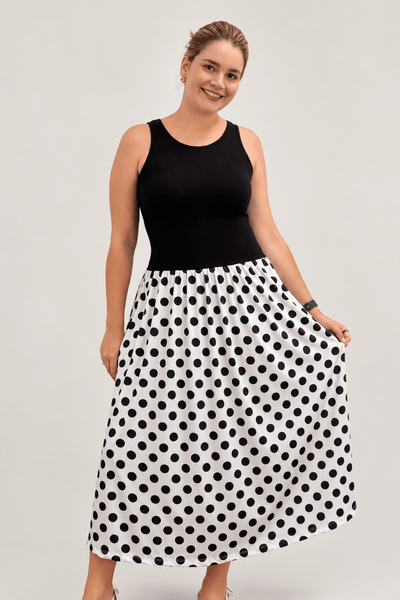 Vestido Paris Midi Regata com Saia Ampla em Poá - Estilo Parisiense