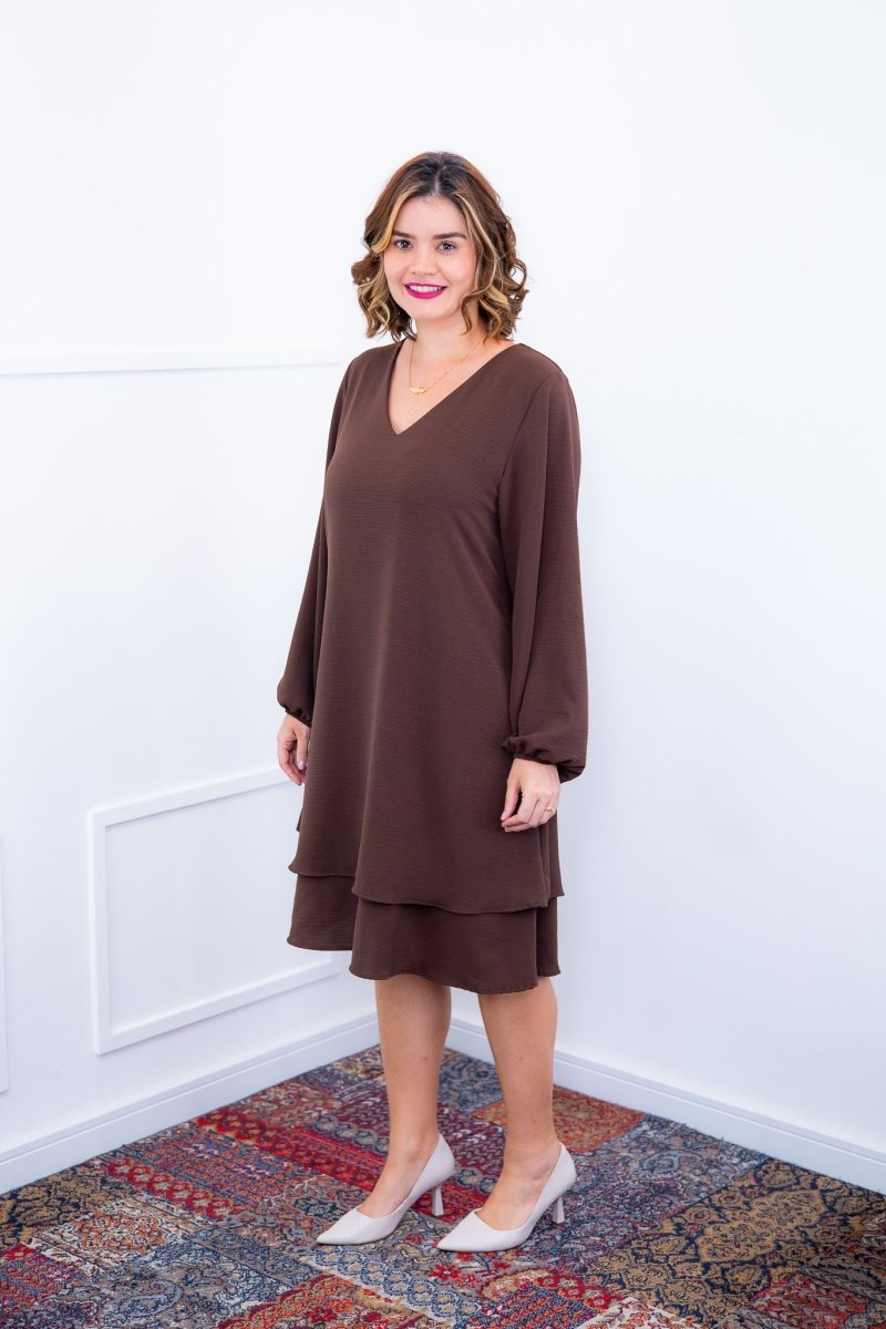 Vestido Priscila - Midi de Duas Camadas com Manga Longa em Crepe - Naguirre Shop
