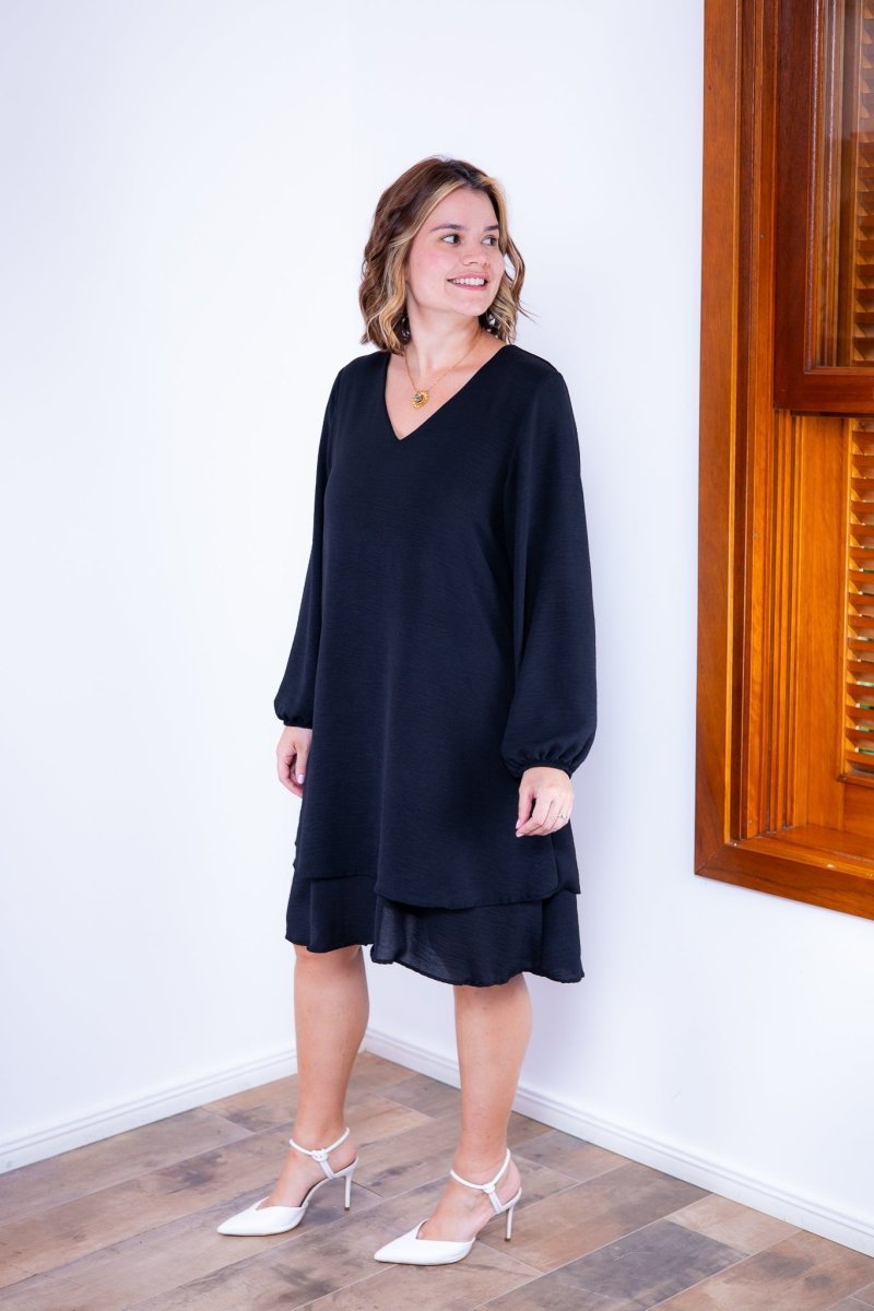 Vestido Priscila - Midi de Duas Camadas com Manga Longa em Crepe - Naguirre Shop