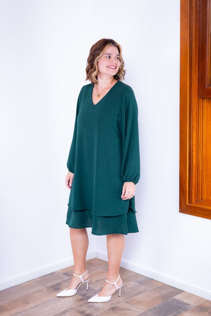 Vestido Priscila - Midi de Duas Camadas com Manga Longa em Crepe - Naguirre Shop