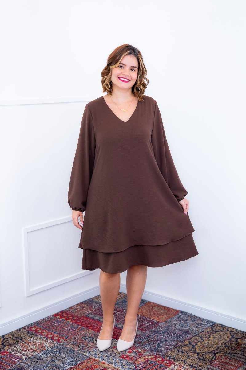 Vestido Priscila - Midi de Duas Camadas com Manga Longa em Crepe - Naguirre Shop