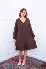 Vestido Priscila - Midi de Duas Camadas com Manga Longa em Crepe - Naguirre Shop