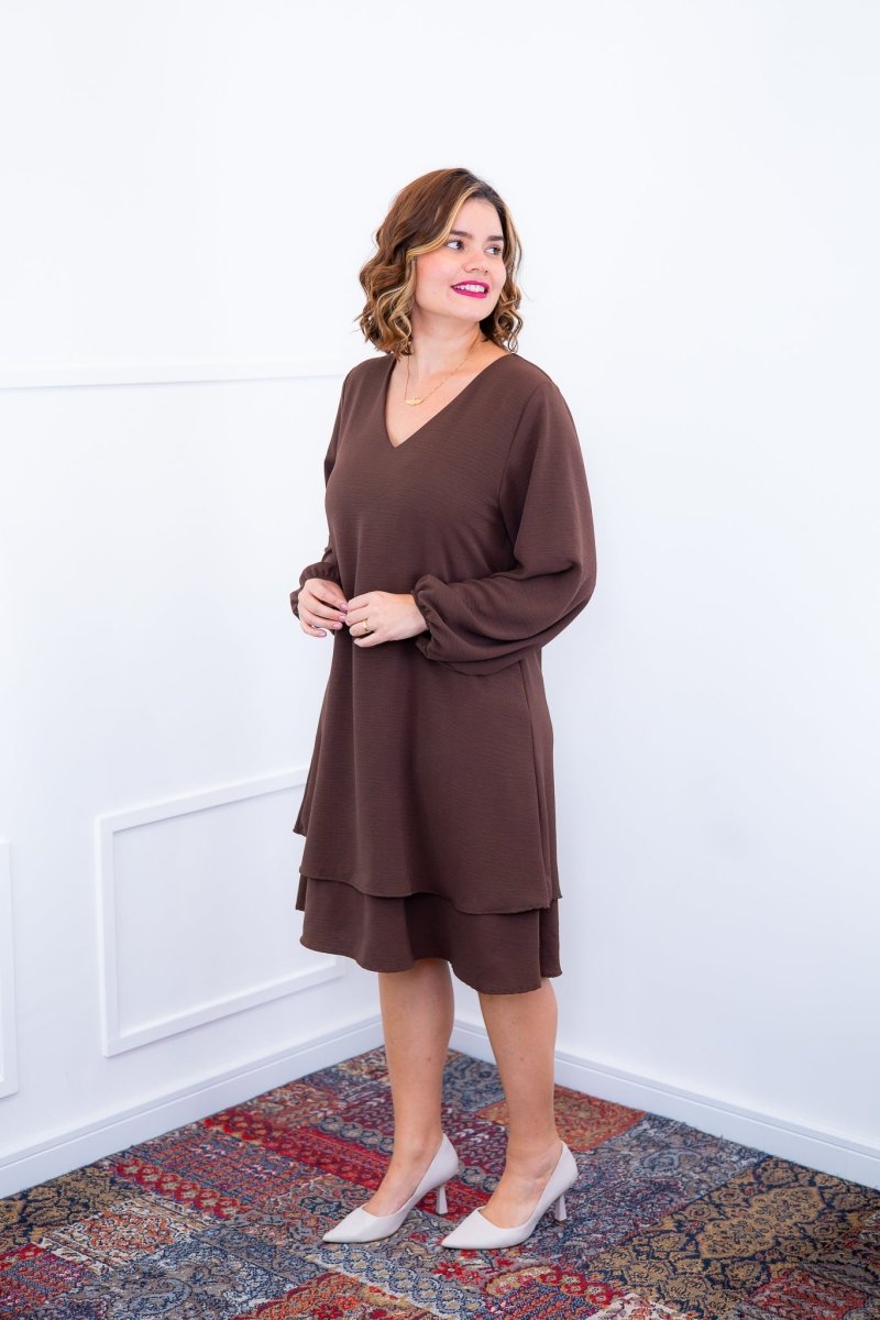 Vestido Priscila - Midi de Duas Camadas com Manga Longa em Crepe - Naguirre Shop