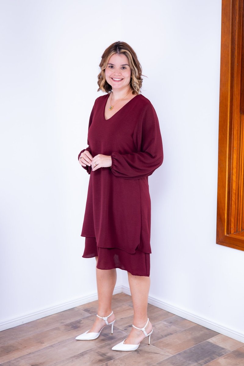 Vestido Priscila - Midi de Duas Camadas com Manga Longa em Crepe - Naguirre Shop