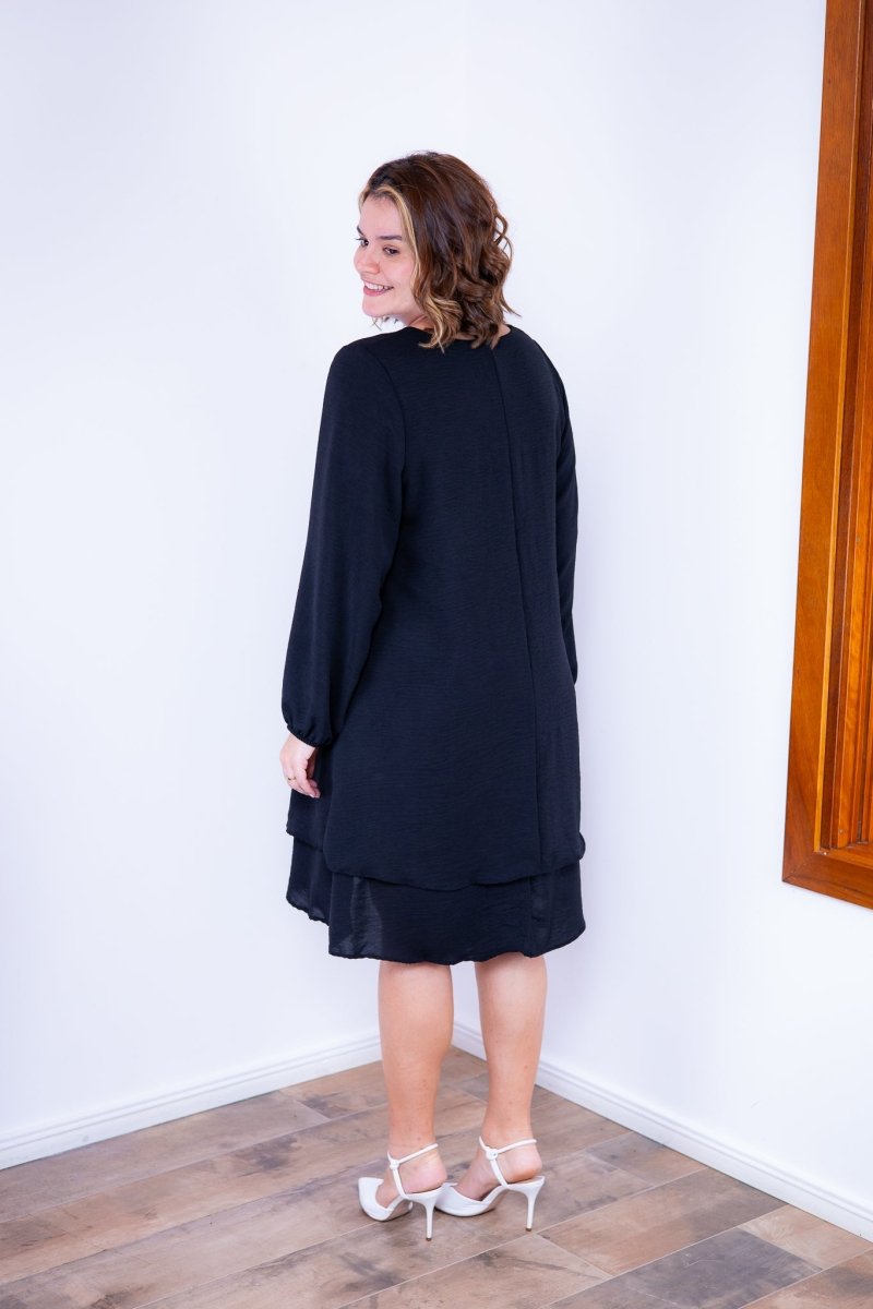 Vestido Priscila Midi de Duas Camadas com Manga Longa em Crepe