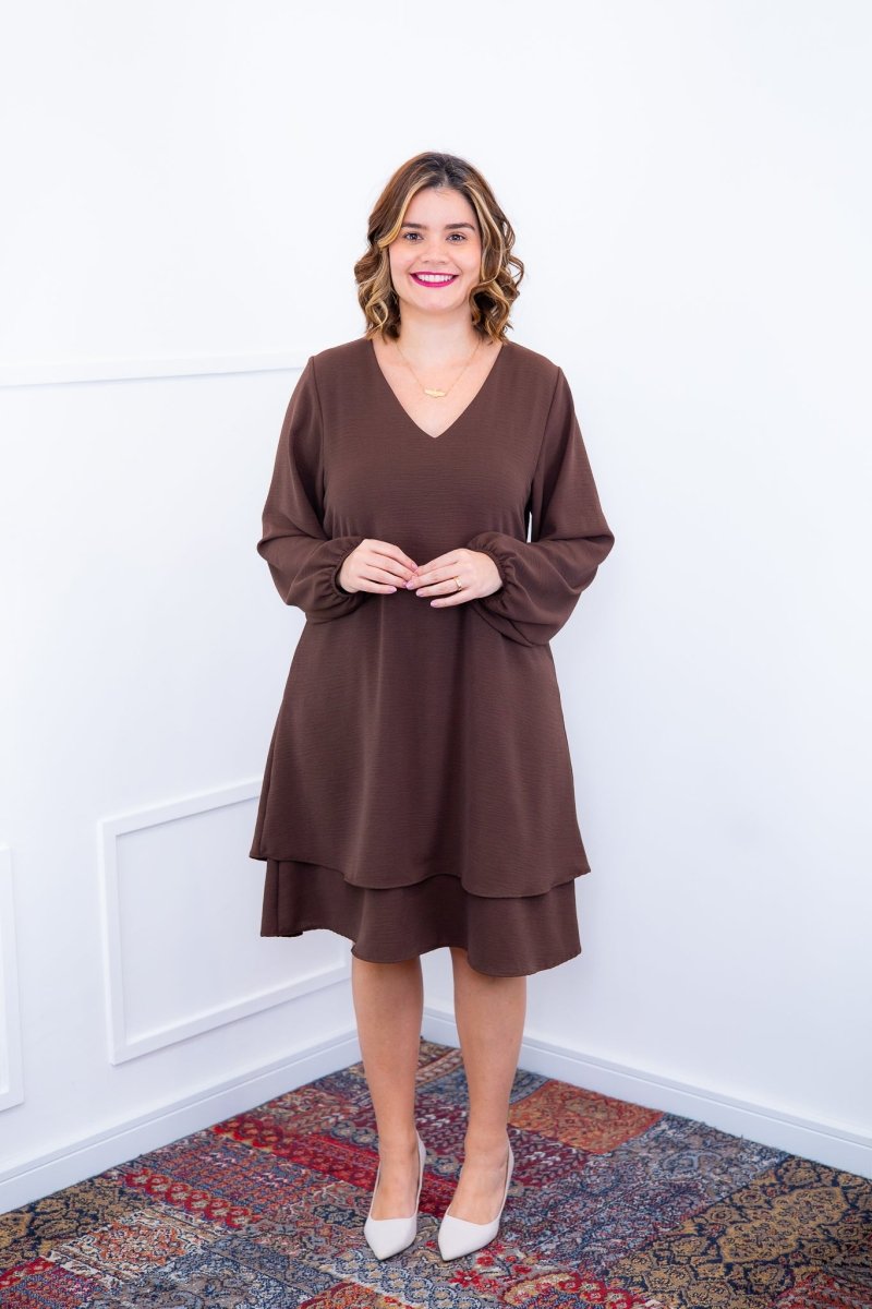 Vestido Priscila - Midi de Duas Camadas com Manga Longa em Crepe - Naguirre Shop