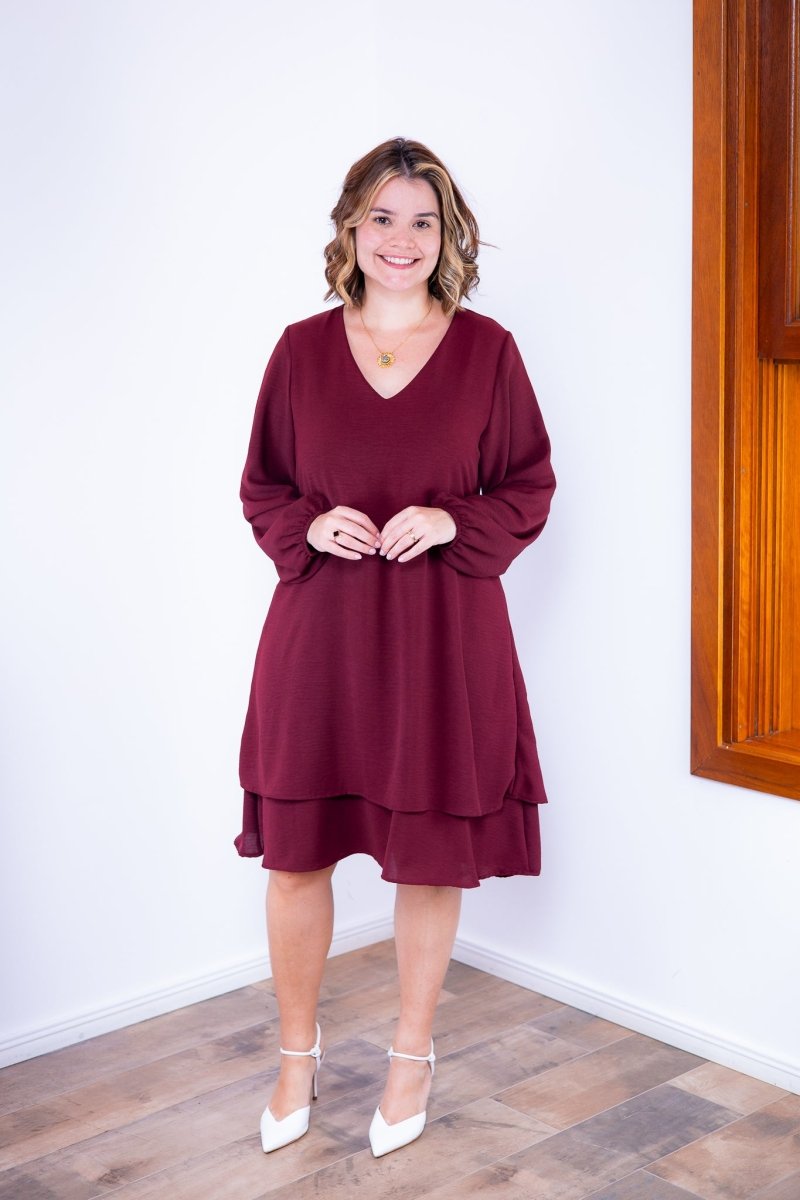 Vestido Priscila - Midi de Duas Camadas com Manga Longa em Crepe - Naguirre Shop